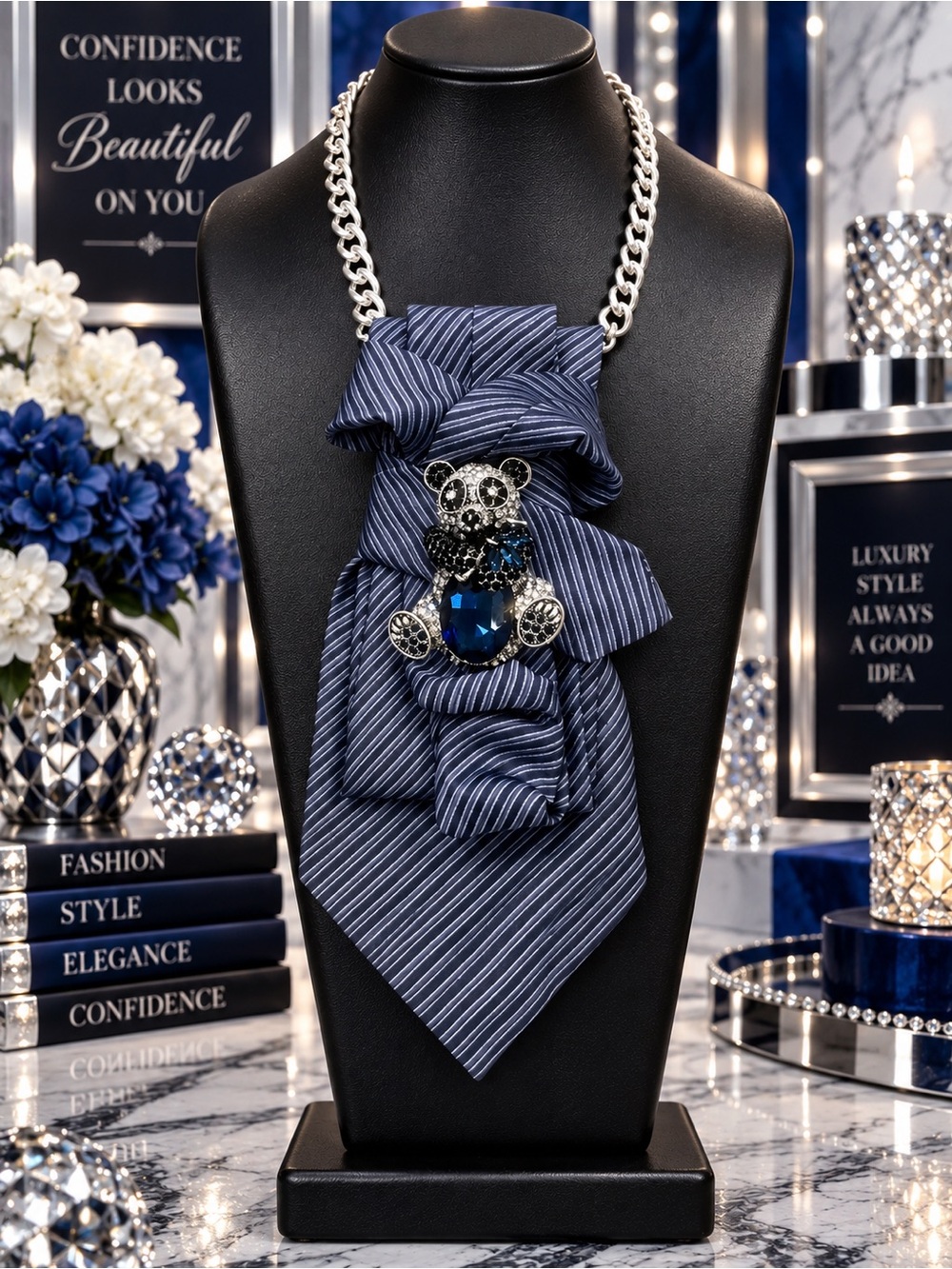 One of a Kind Handcrafted Navy Blue 100% Silk Tie Necklace Panda Wearable Art